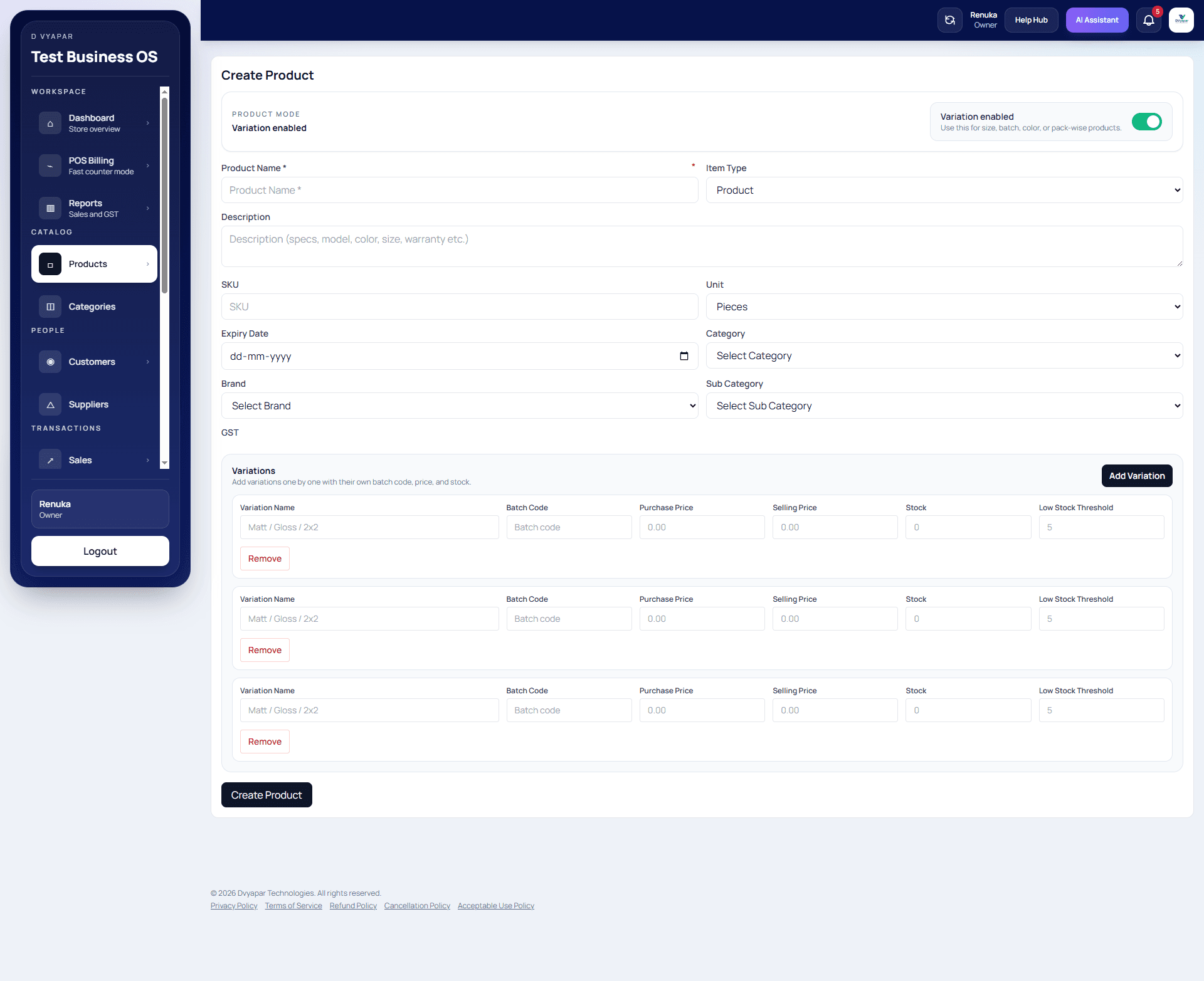 Product adding flow with pricing and item details.